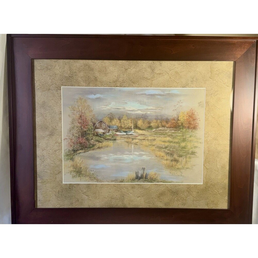 Vintage Landscape Watercolor Painting Mary Franks Signed Framed Matted 29x23